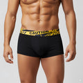 Black boxer briefs with bold yellow caution tape patterned waistband from MetroMaleWear Caution Short Boxer 2026-74