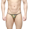 MetroMaleWear caution string bikini black with black and yellow caution tape pattern and small red logo on the side