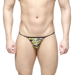MetroMaleWear caution string bikini black with black and yellow caution tape pattern and small red logo on the side