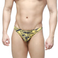MetroMaleWear caution thong black 2302-59 swim trunks in yellow and black caution tape pattern, front view