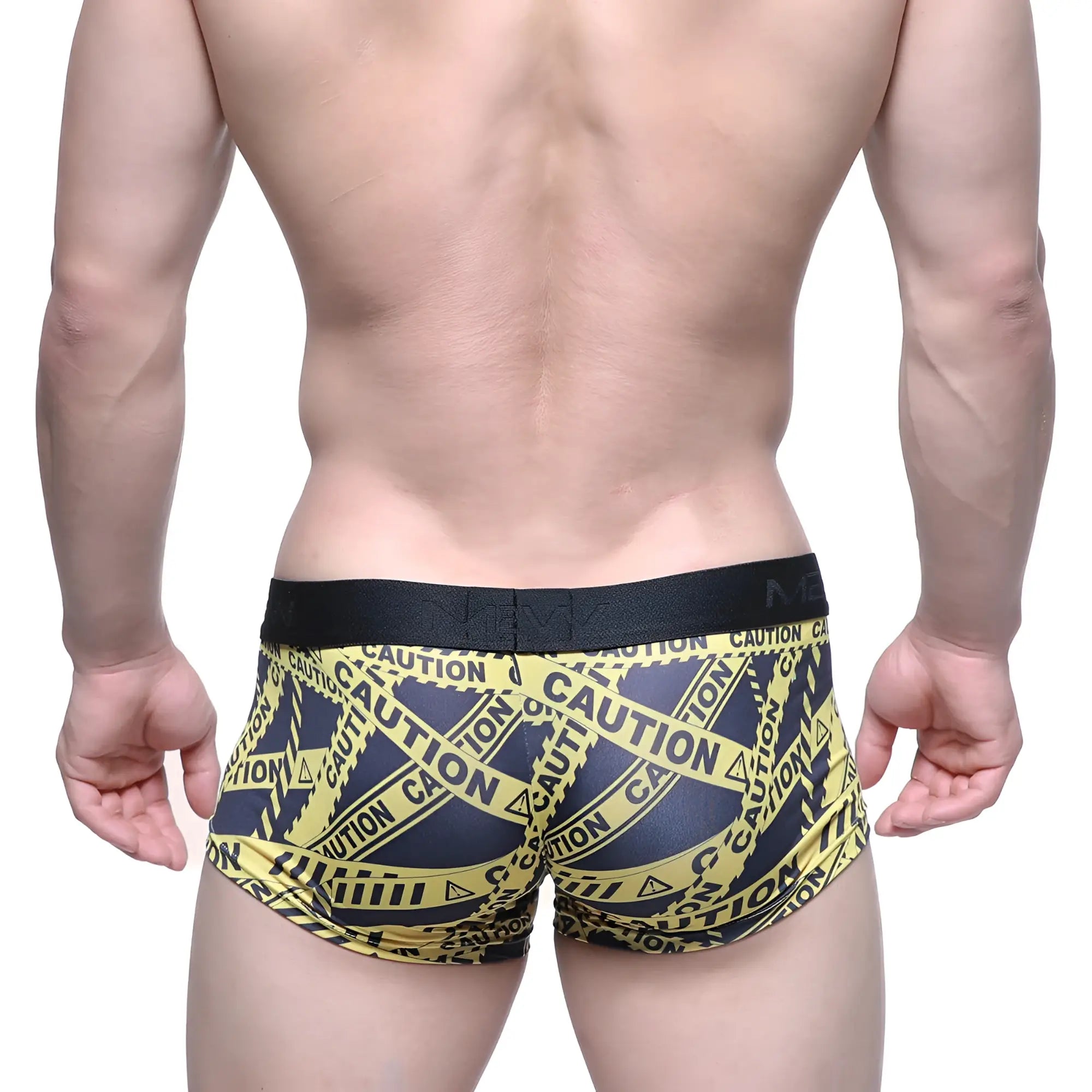 MetroMaleWear caution trunk black 2026-71 men’s boxer briefs with black elastic waistband and black yellow tape pattern