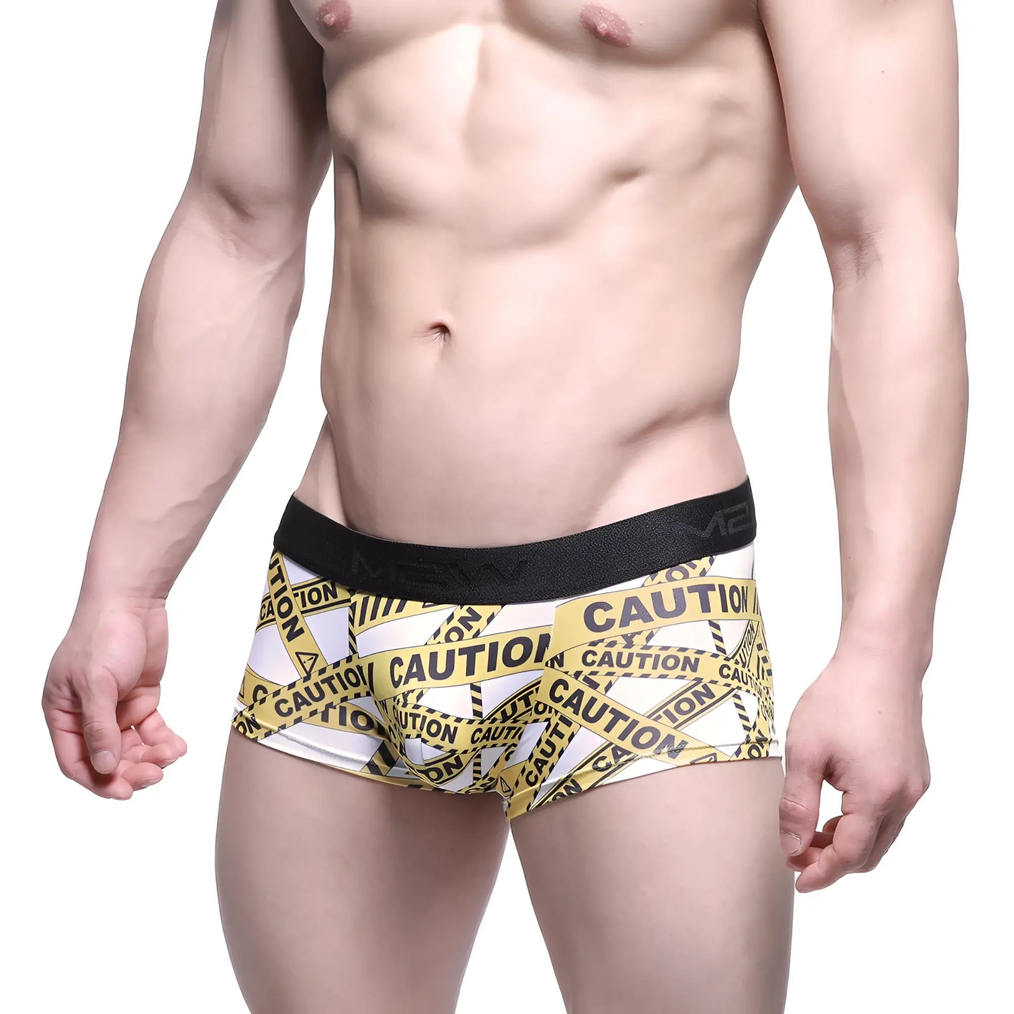 White boxer briefs metro male wear caution trunk 2026-69 with bold yellow and black caution tape pattern and black waistband
