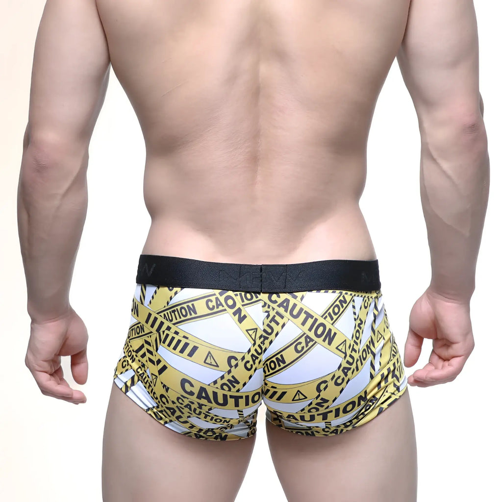 Metro male wear caution trunk white 2026-69 men’s briefs with white and yellow caution tape pattern and black waistband