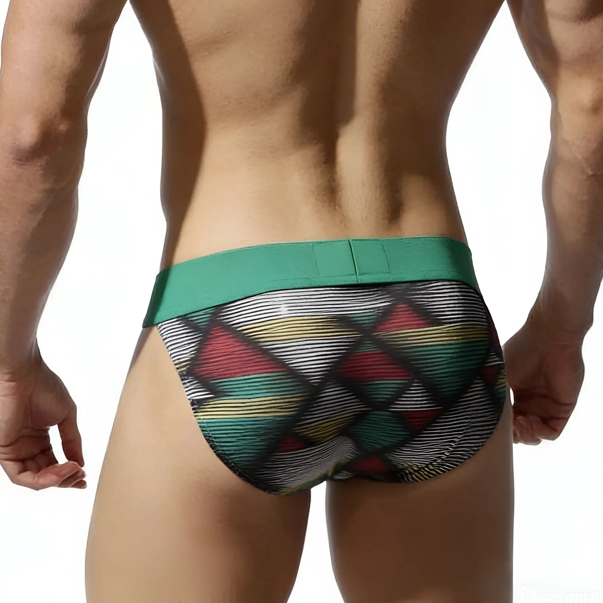 MetroMaleWear Cebada Bikini 3004-86 men’s briefs with green and multicolored geometric pattern and solid green waistband