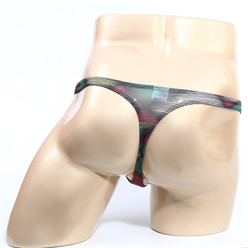 MetroMaleWear Cebada thong 2302-M88 sheer patterned black base with vibrant red green and teal stripes