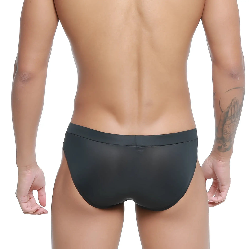 Black sheer swim trunks with solid waistband from metromalewear cebolla bikini 5105-31 collection