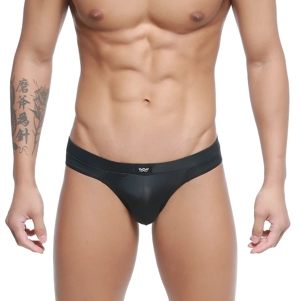 Black sleek glossy men’s briefs with subtle logo on waistband metroMalewear Cebolla bikini 5105-31 front view