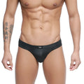 Black sleek glossy men’s briefs with subtle logo on waistband metroMalewear Cebolla bikini 5105-31 front view