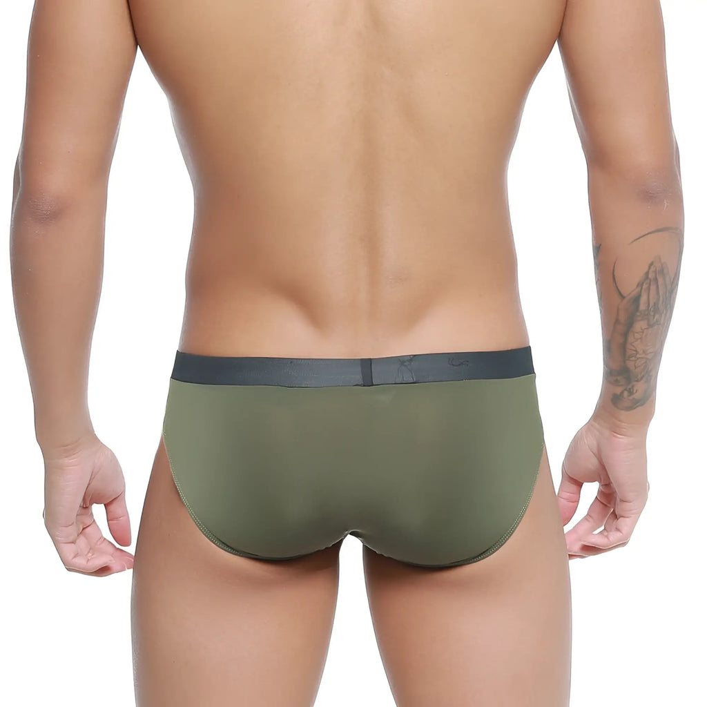 Olive green metroMalewear cebolla bikini briefs with dark gray waistband made from soft breathable fabric