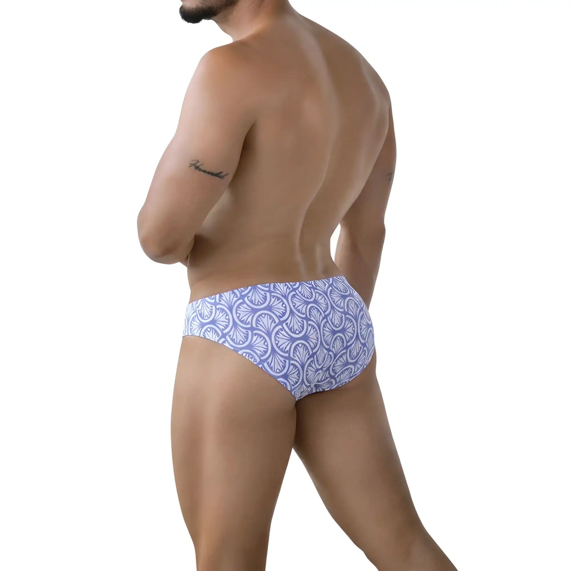 MetroMaleWear celadon bikini briefs in purple and white with a decorative fan-like patterned design