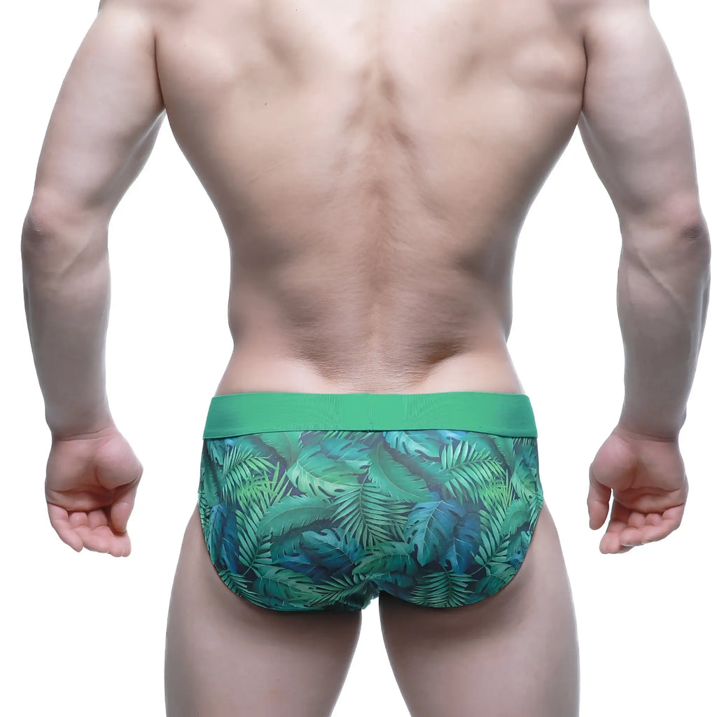 MetroMaleWear Celva Brief 5203-17 green tropical leaf-patterned men’s briefs with solid green waistband