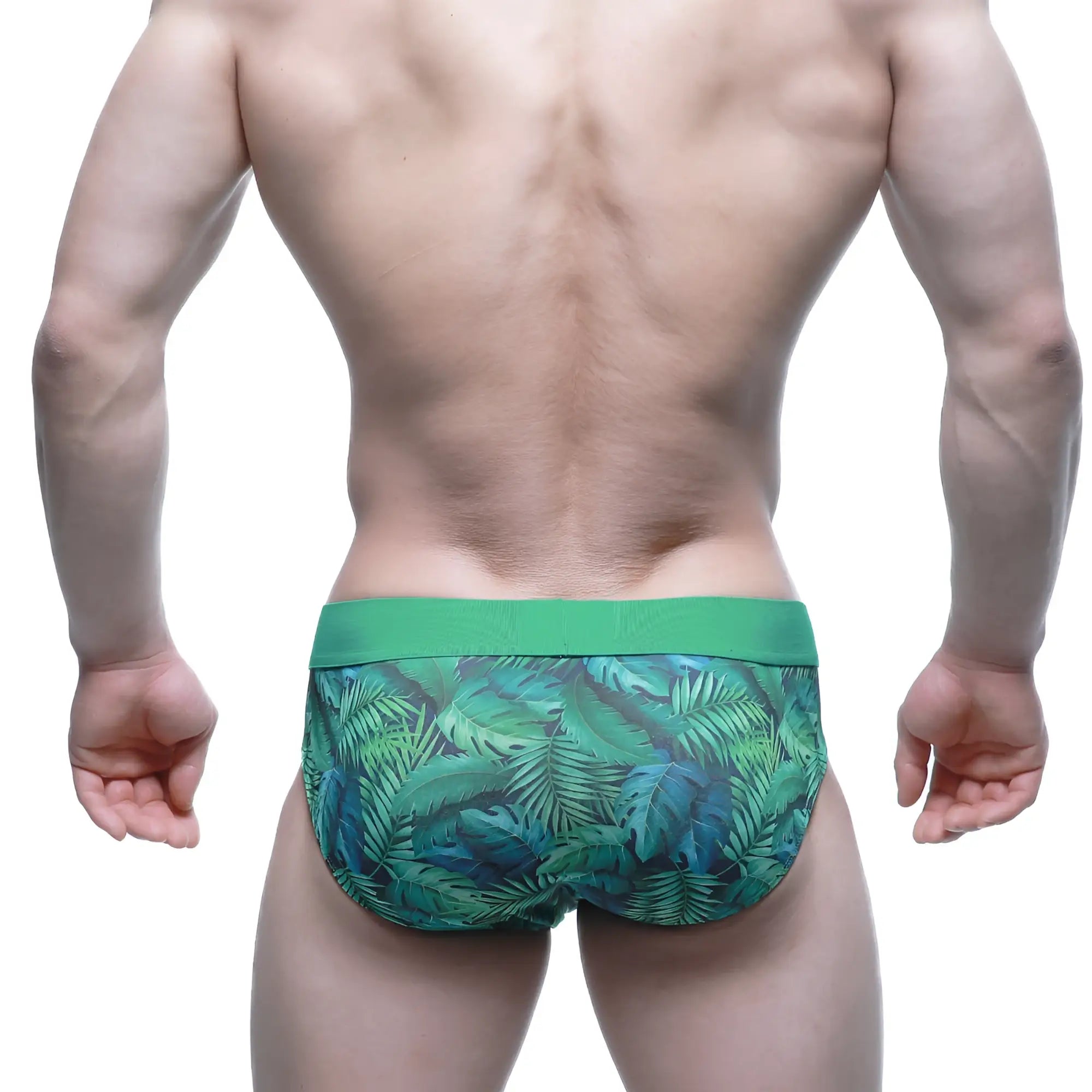 MetroMaleWear Celva Brief 5203-17 green tropical leaf-patterned men’s briefs with solid green waistband