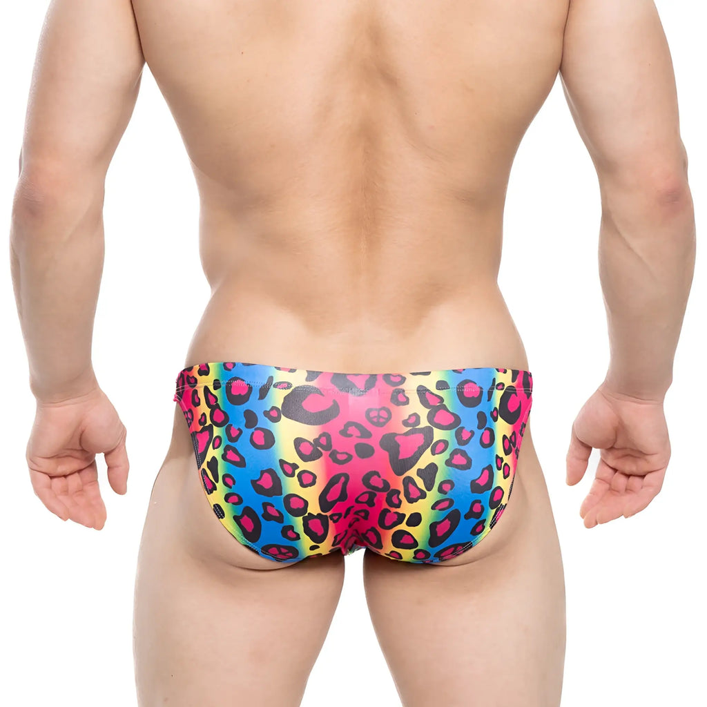 Vibrant rainbow-colored swim trunks with bold pink and black leopard print in MetroMaleWear Character Swim Bikini 4937-06