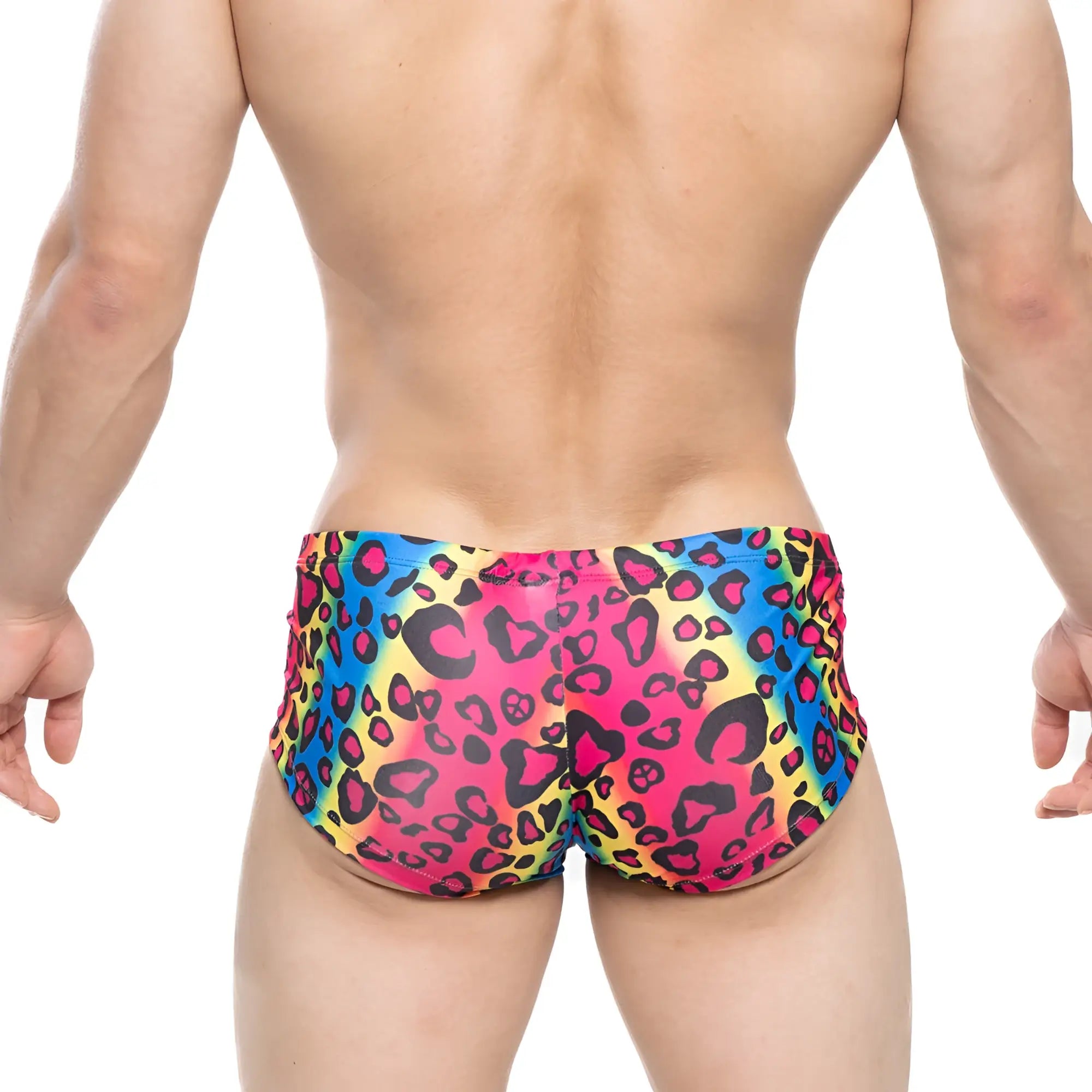 MetroMaleWear character trunk 2125-16 vibrant rainbow leopard print swim trunks with bold pink yellow and blue hues