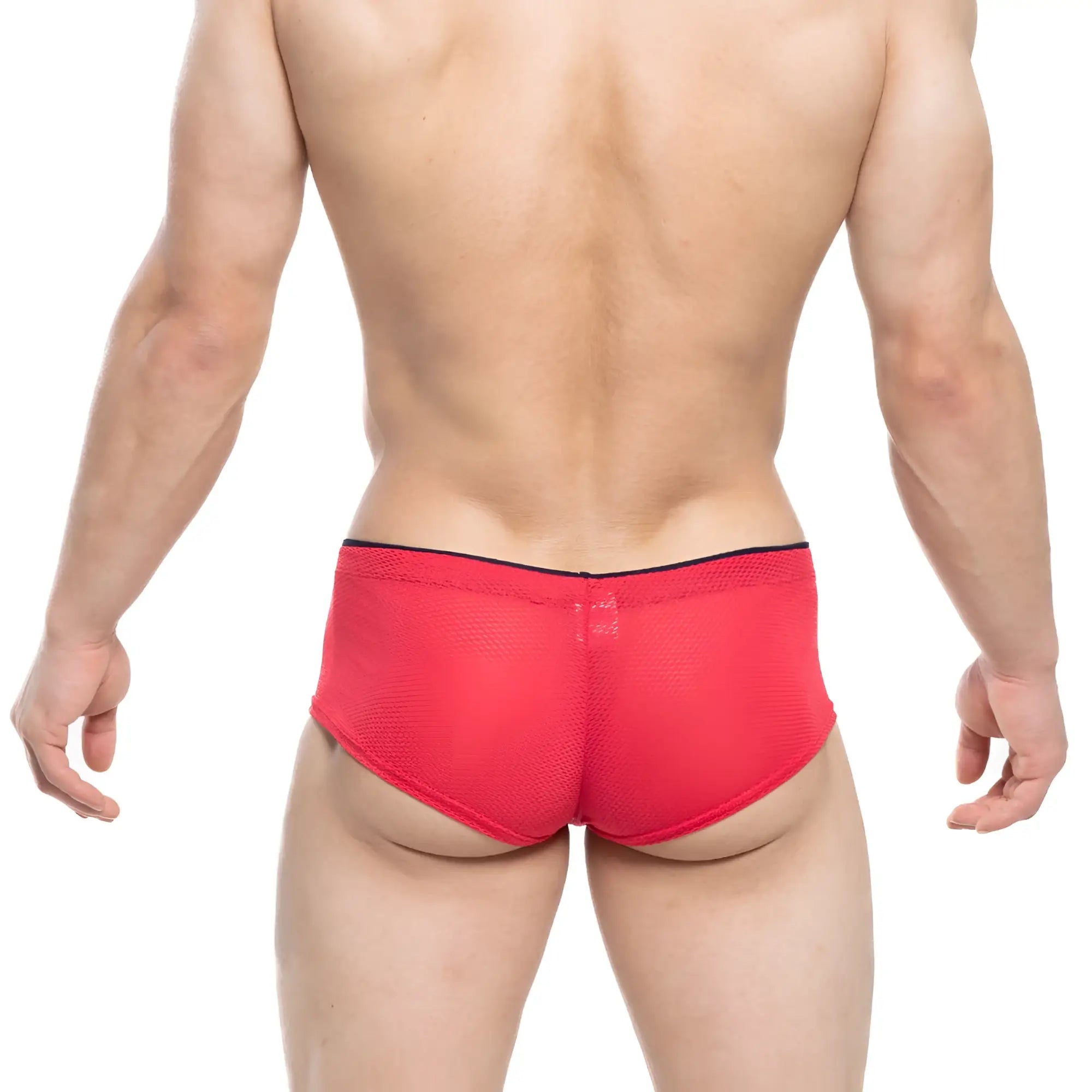 Red mesh briefs with a black waistband from metromalewear cheek circon 2028-76 showcasing breathable material