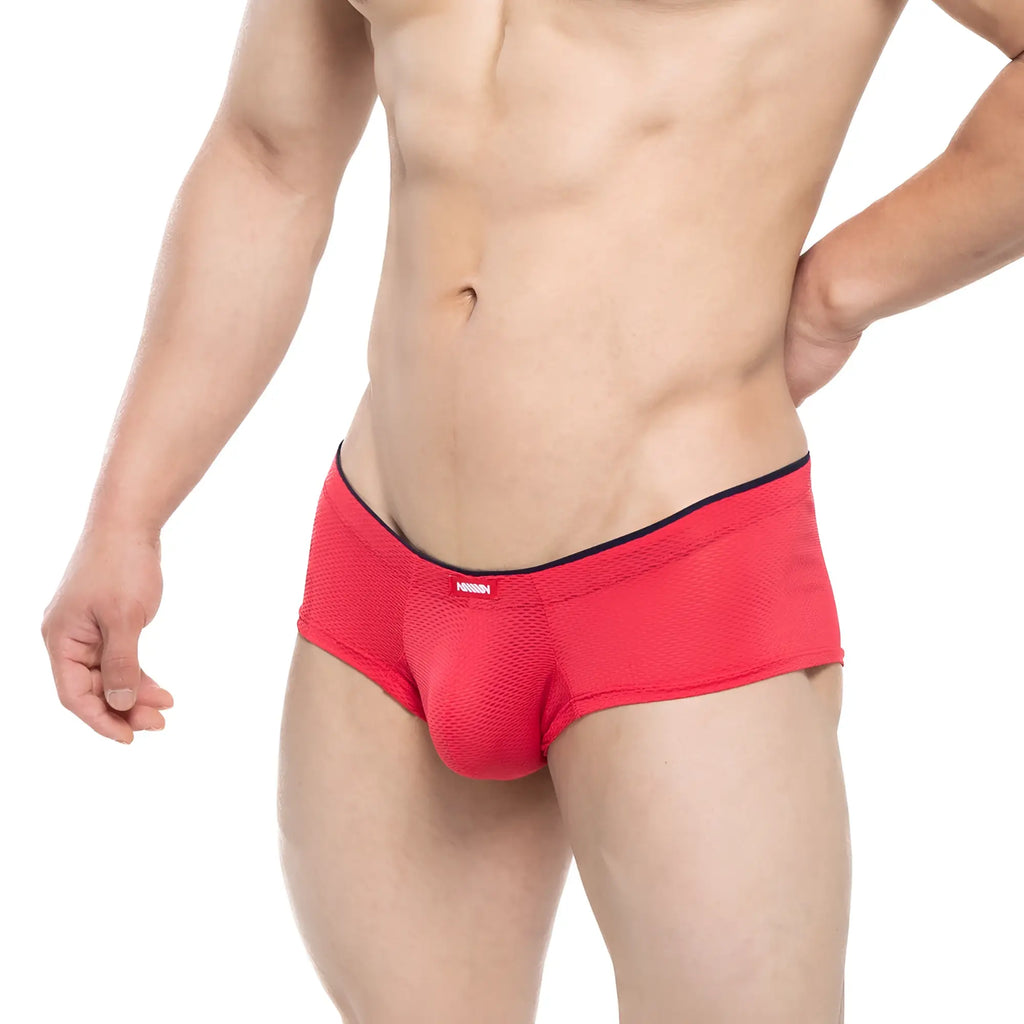 Red mesh briefs with black waistband and small red logo front by metromalewear cheek circon 2028-76