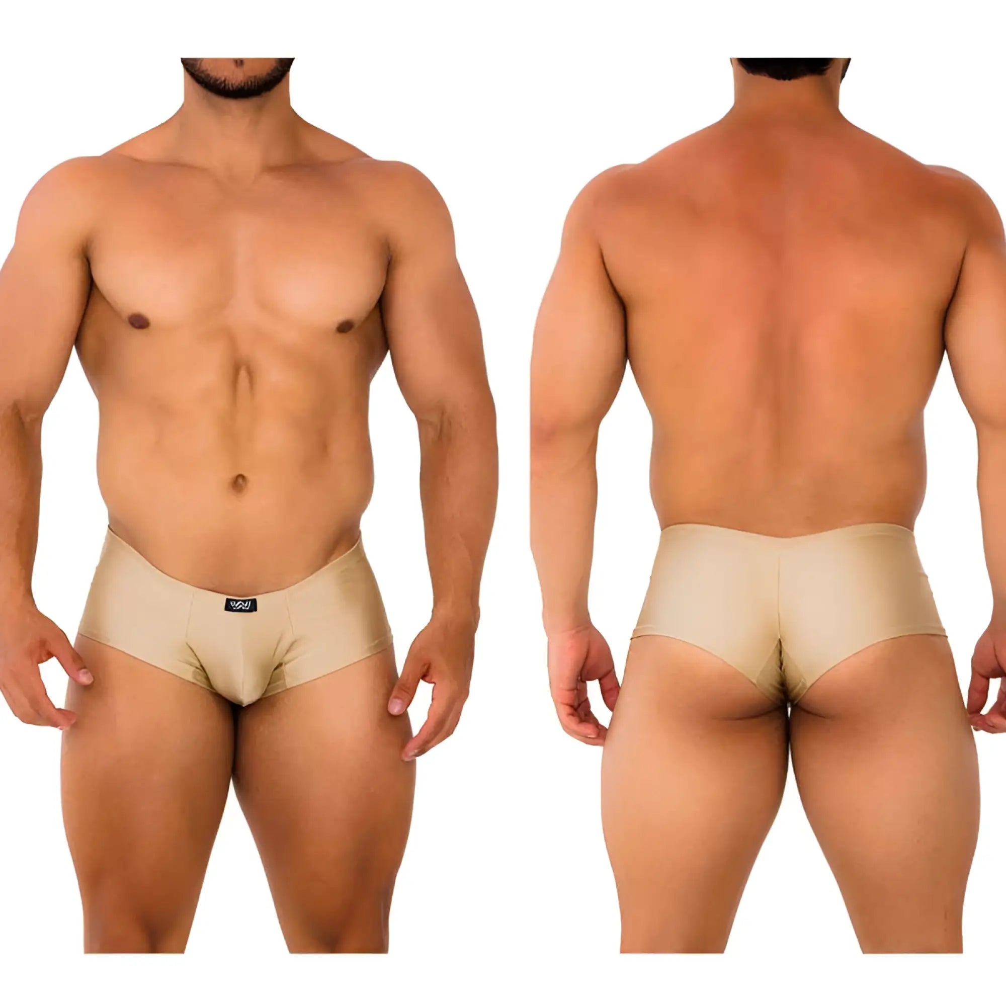 Beige form-fitting briefs with a subtle MetroMaleWear logo on the waistband designed for comfort and style