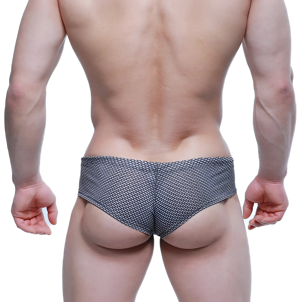 Black and white patterned swim trunks with textured woven honeycomb design by metromalewear in gray