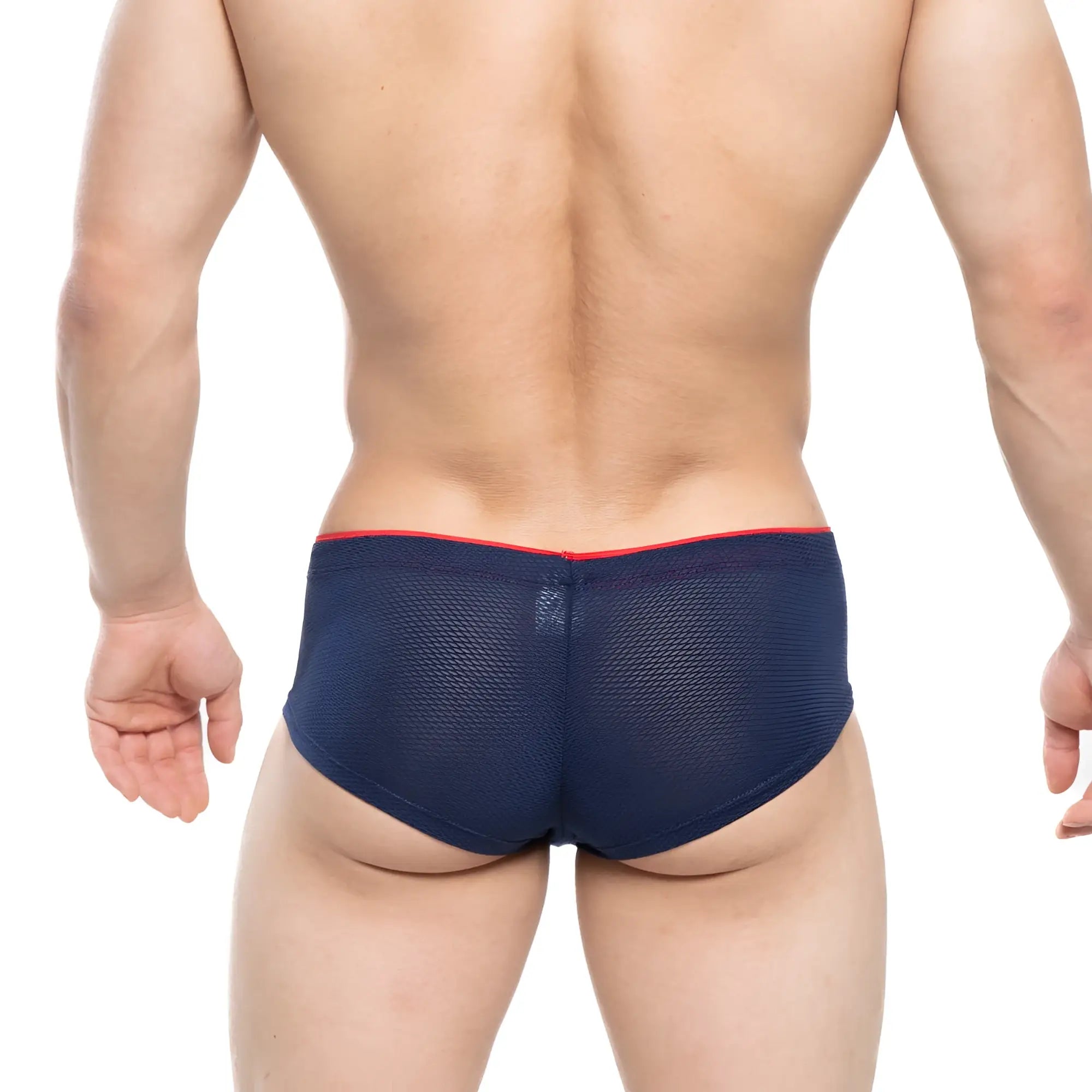 Navy blue mesh briefs with red trim waistband from metromalewear cheek inmenso 2028-75 for comfortable daily wear