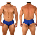 Blue mens briefs with a sleek form-fitting design and small black logo on the waistband by MetroMaleWear Cheek Navy 2028-28