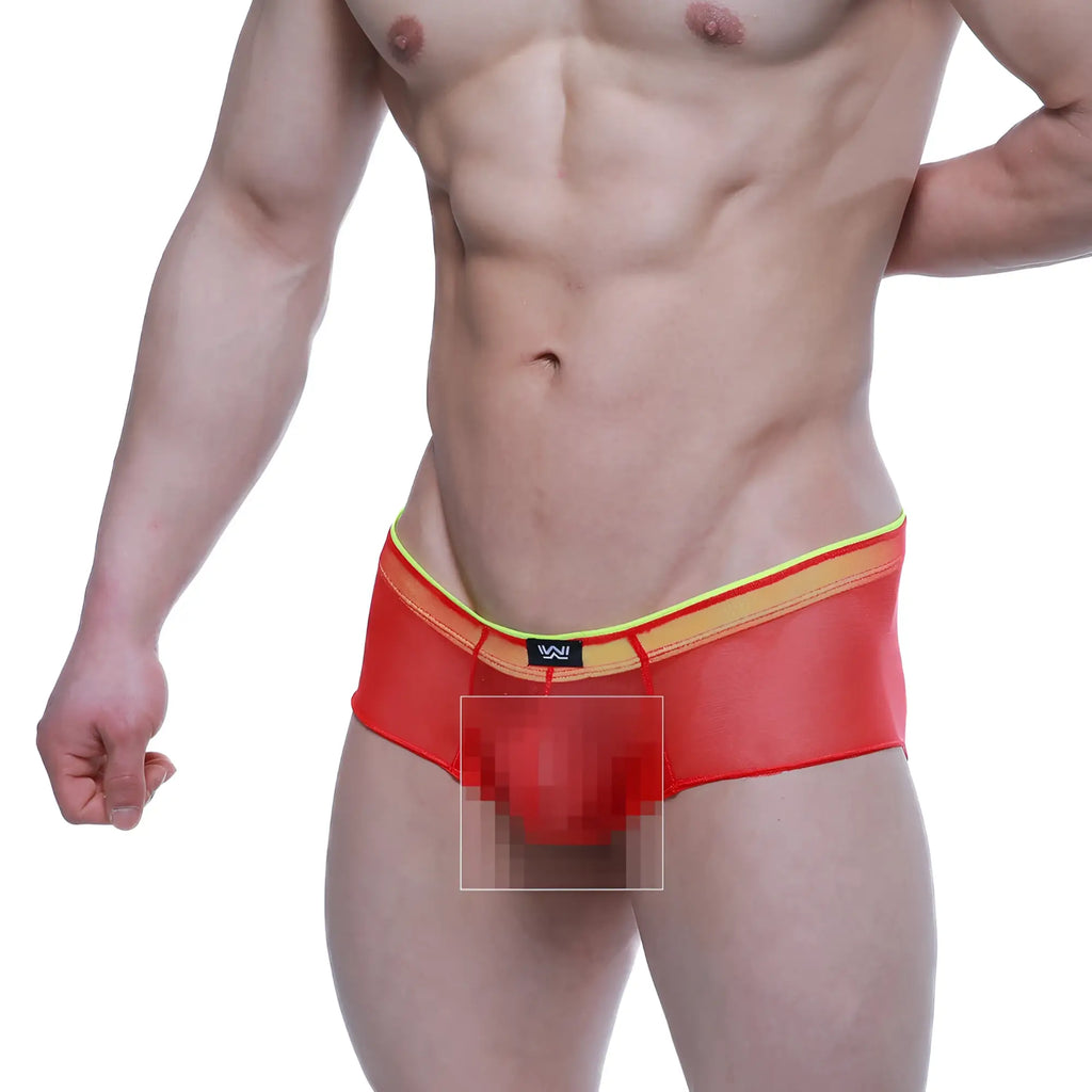 Red mesh briefs with yellow trim and a black logo waistband from MetroMaleWear cheek onion 2028-72 collection