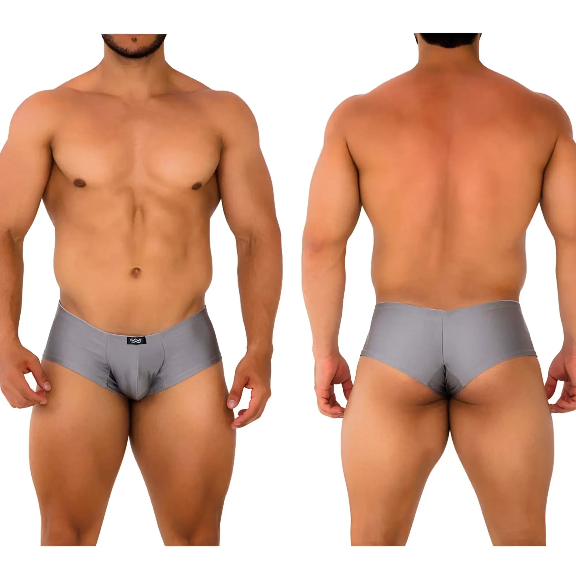 Gray men’s briefs metroMalewear cheek platinum 2028-10 with sleek form-fitting design and black logo on waistband