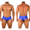 Vibrant blue shiny satin briefs with black logo on waistband from metromalewear cheek royal blue 2028-18