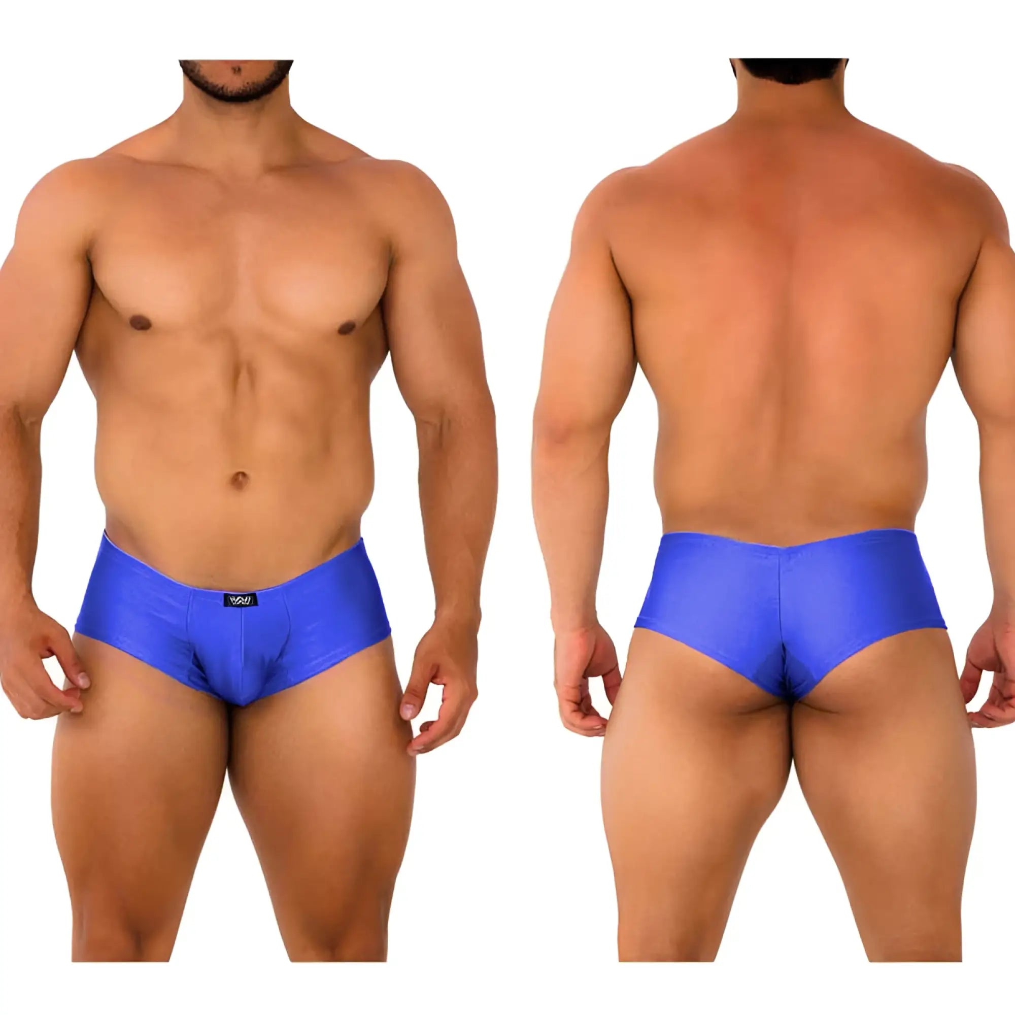 Vibrant blue shiny satin briefs with black logo on waistband from metromalewear cheek royal blue 2028-18