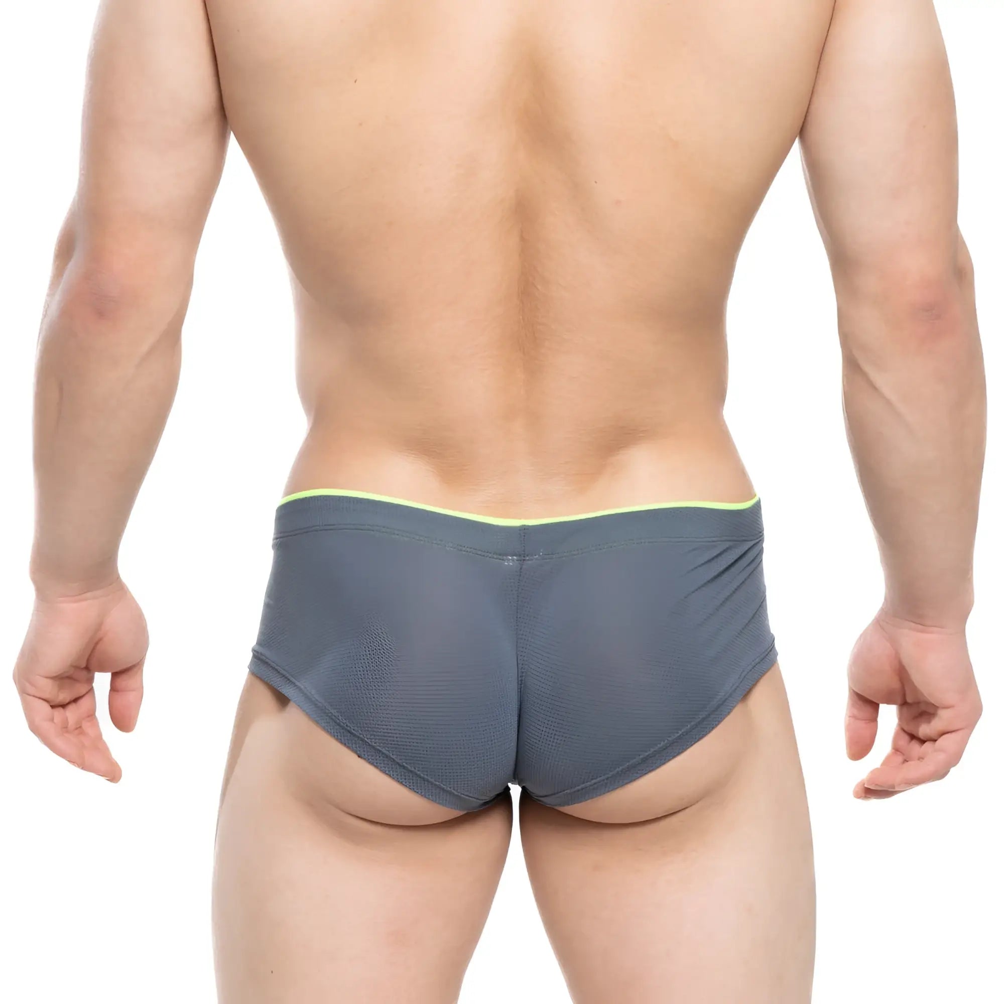 Gray mesh briefs with neon green trim from MetroMaleWear cheek sesgos 2028-77 for comfortable daily wear