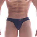 Navy blue cotton briefs with a small red MetroMaleWear brand tag on the waistband cheek thong style