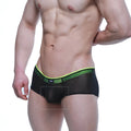 Black mesh briefs with neon green waistband and small logo on the side by MetroMaleWear Cheek Tull 2028-70