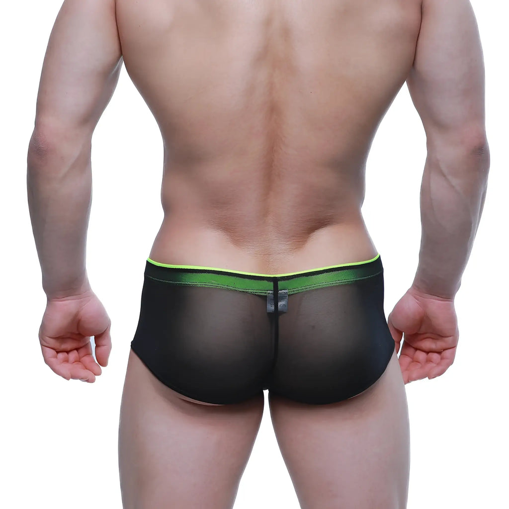 Black mesh briefs with neon green waistband and small black tag at center back from metromalewear cheek tull 2028-70