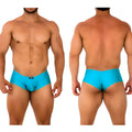 Bright turquoise metroMalewear cheek 2028-08 men’s briefs with sleek form-fitting design and black waistband tag