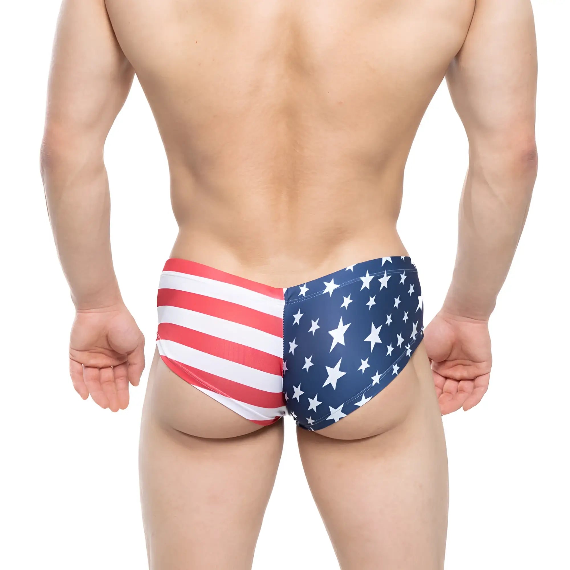 MetroMaleWear cheek USA 2028-90 swim trunks with American flag red white stripes and blue stars design
