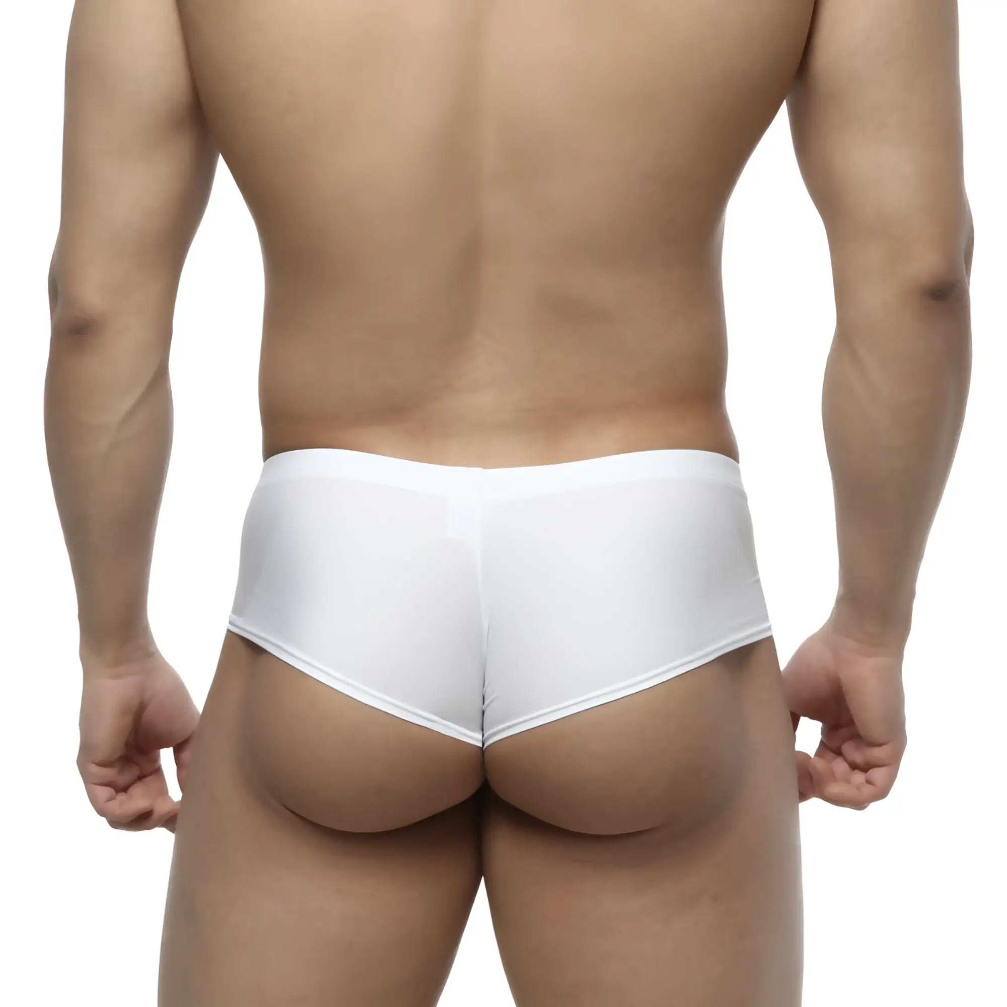 White sleek form-fitting briefs with a smooth satin finish from metromalewear cheek white 2028-00