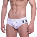 White swim trunks with black and white checkered side pattern and drawstring waistband from MetroMaleWear Chess Swim Brief 4916-06