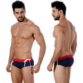 Navy blue swim trunks with red waistband and white drawstring metroMalewear chrome swim brief 4910-28 front view