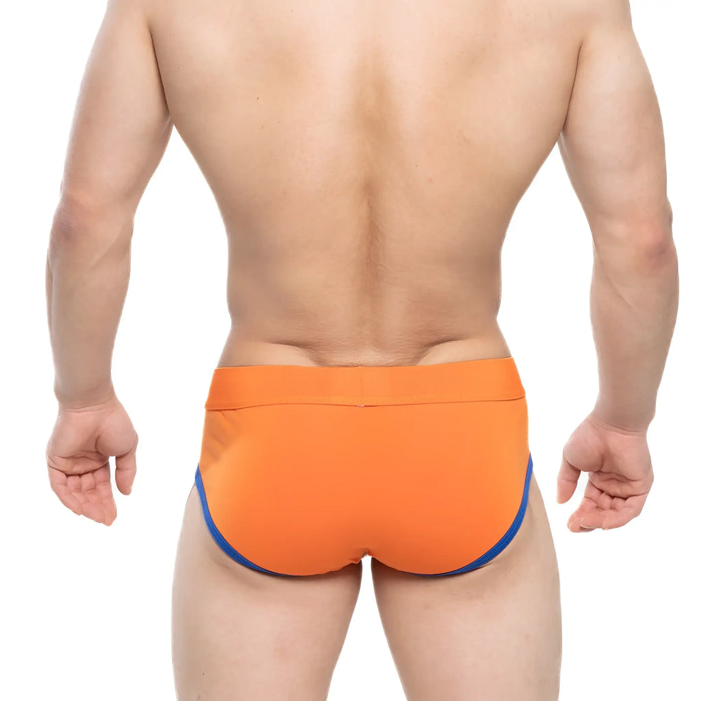 MetroMaleWear Ciclerut Brief 9004-24 bright orange swim trunks with contrasting blue side trim for men