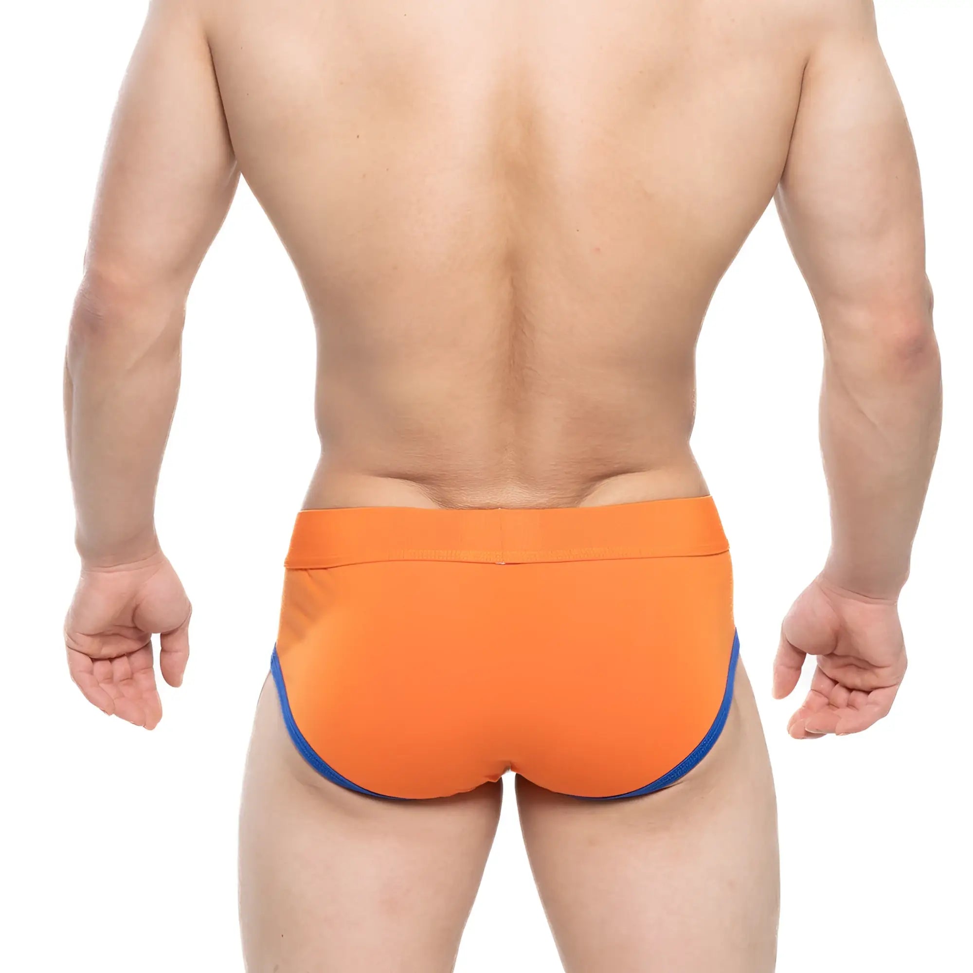 MetroMaleWear Ciclerut Brief 9004-24 bright orange swim trunks with contrasting blue side trim for men