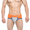 Orange and gray MetroMaleWear Ciclerut Brief 9004-24 athletic briefs with blue trim and ribbed ammy logo waistband