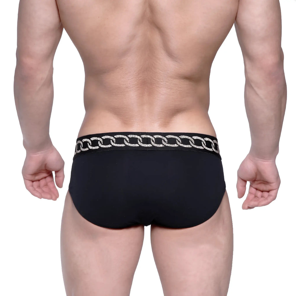 Black briefs metroMalewear classic hip brief metal black 5003-M20 with silver chain-link trim on waistband