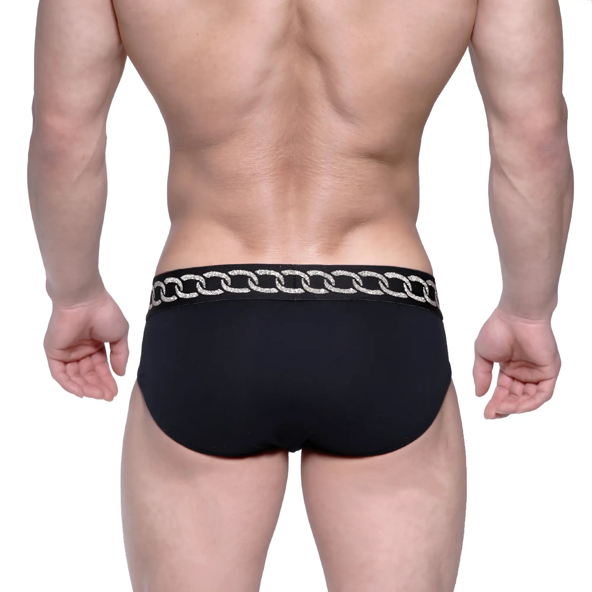 Black briefs metroMalewear classic hip brief metal black 5003-M20 with silver chain-link trim on waistband
