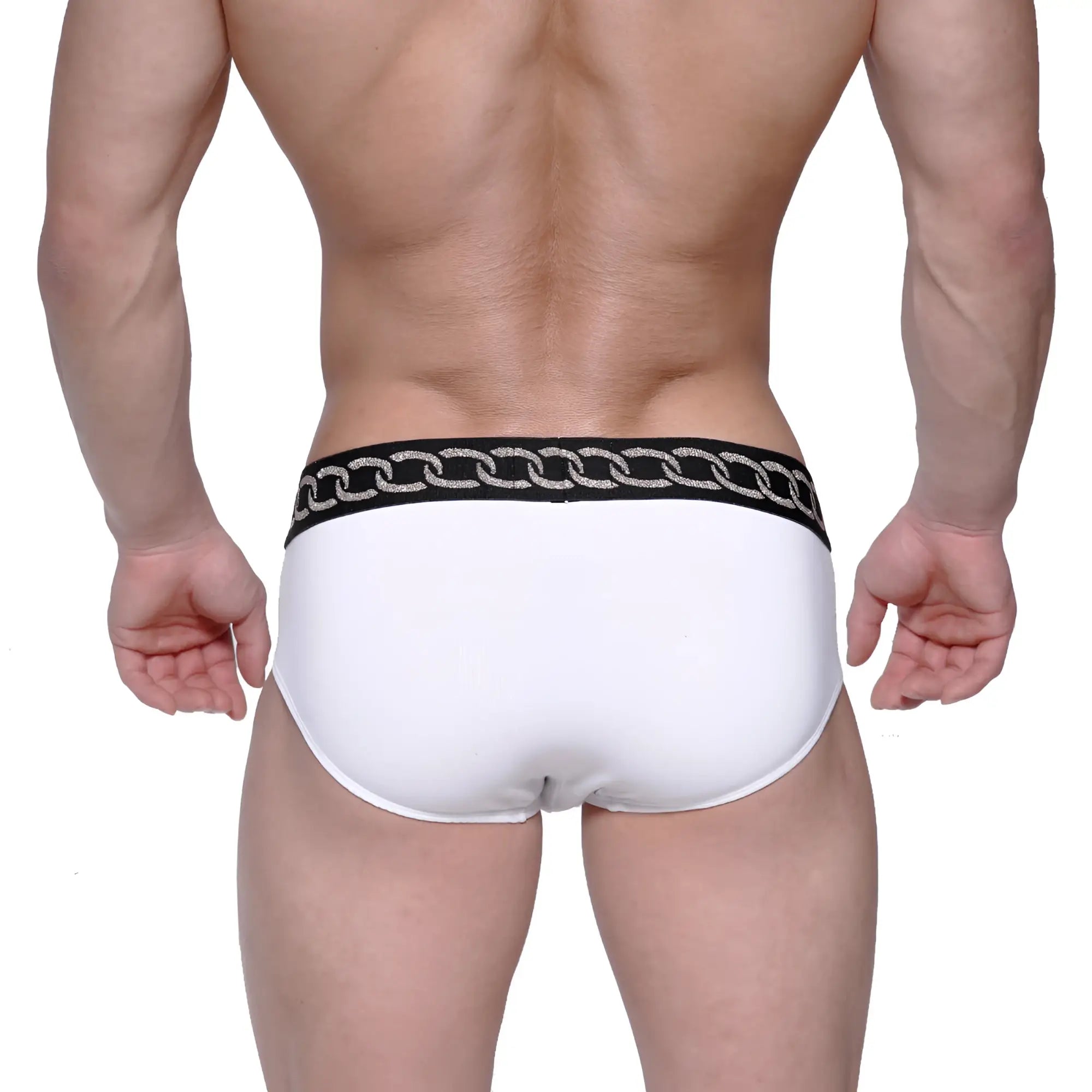 MetroMaleWear classic hip brief white with black waistband featuring a silver chain pattern 5003-M00