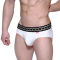 White briefs with black waistband featuring silver chain-link details and red MetroMaleWear brand tag classic hip brief