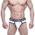 White and black athletic briefs with ribbed waistband featuring metromalewear logo classic ribbed brief contrast white