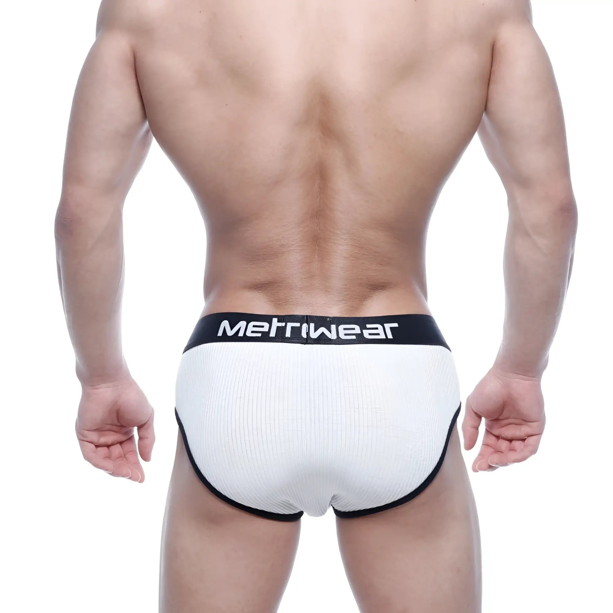 MetroMaleWear classic ribbed white briefs with black trim and waistband featuring the metrwear logo