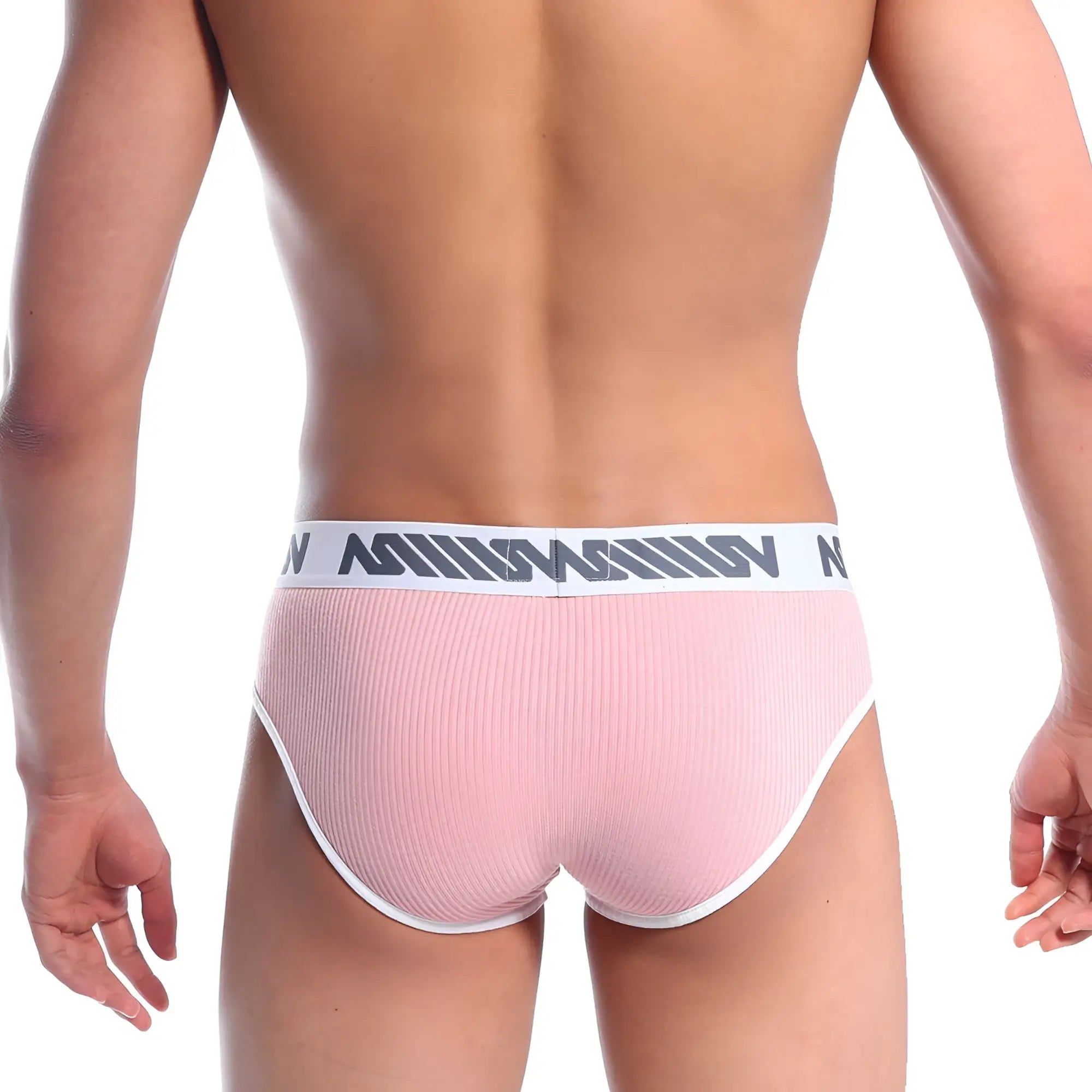 Pink ribbed briefs with white waistband and trim featuring gray logo pattern from metromalewear classic marshmallow pink