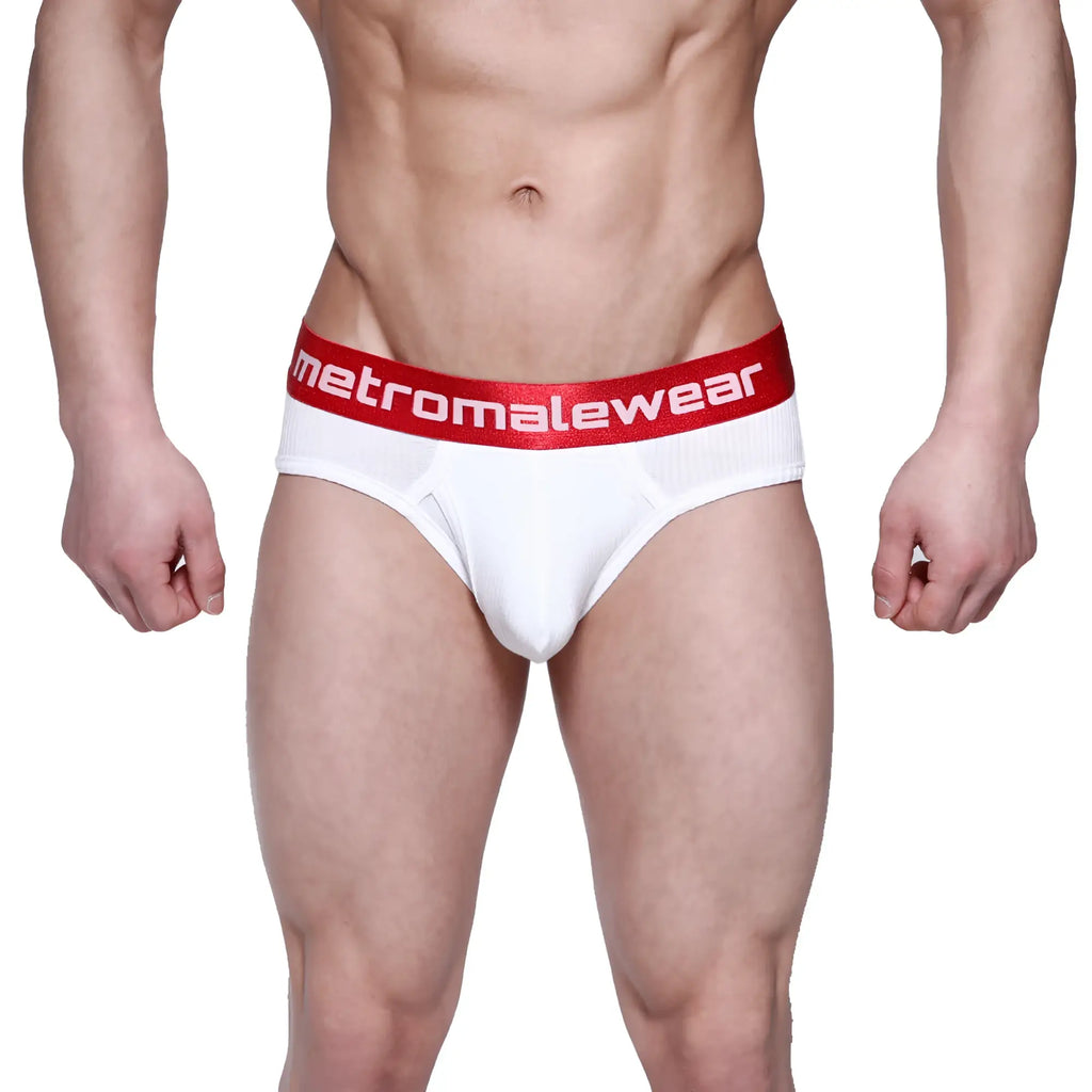 White mens ribbed briefs with red elastic waistband and metromalewear logo for classic comfort and style