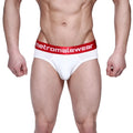 White mens ribbed briefs with red elastic waistband and metromalewear logo for classic comfort and style