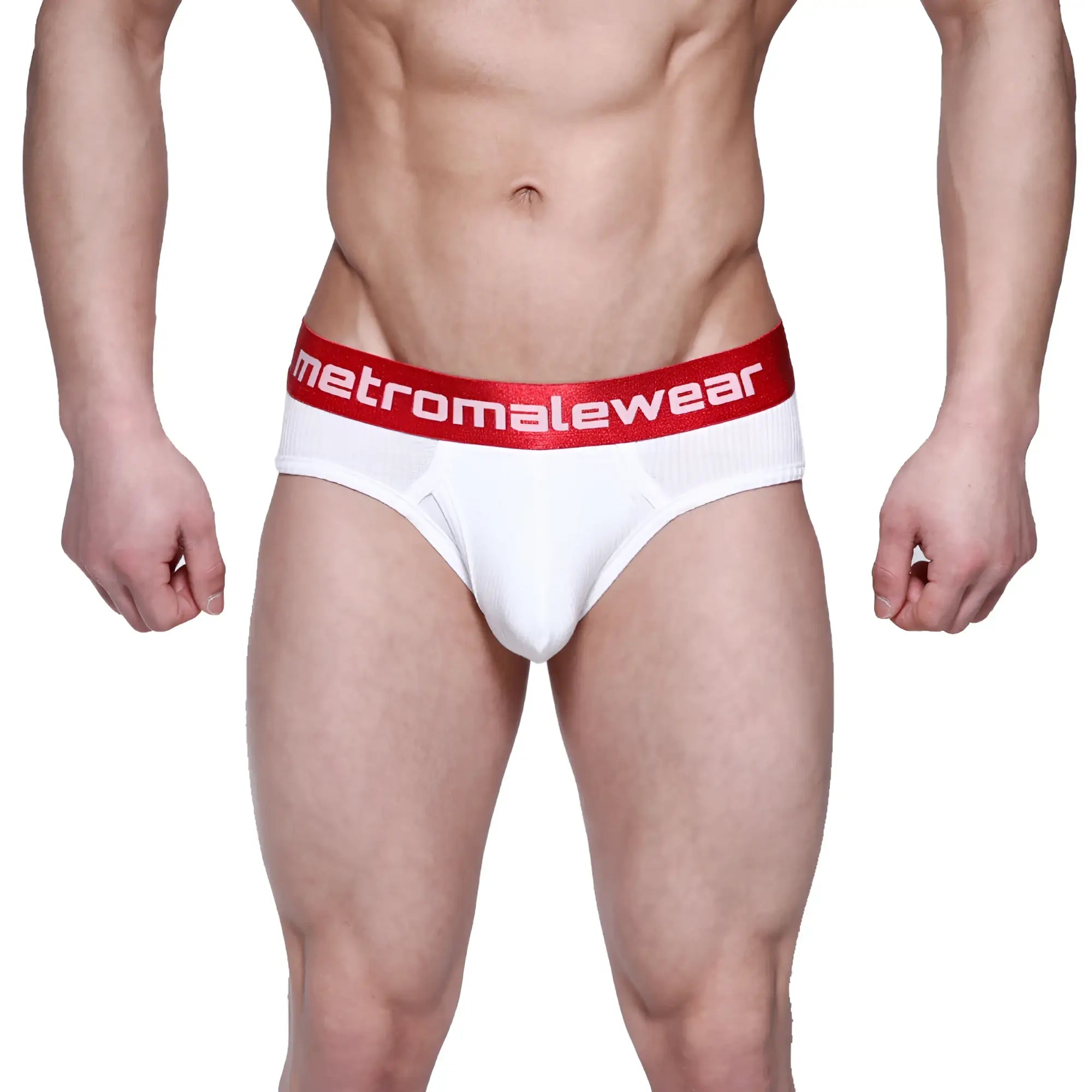 White mens ribbed briefs with red elastic waistband and metromalewear logo for classic comfort and style